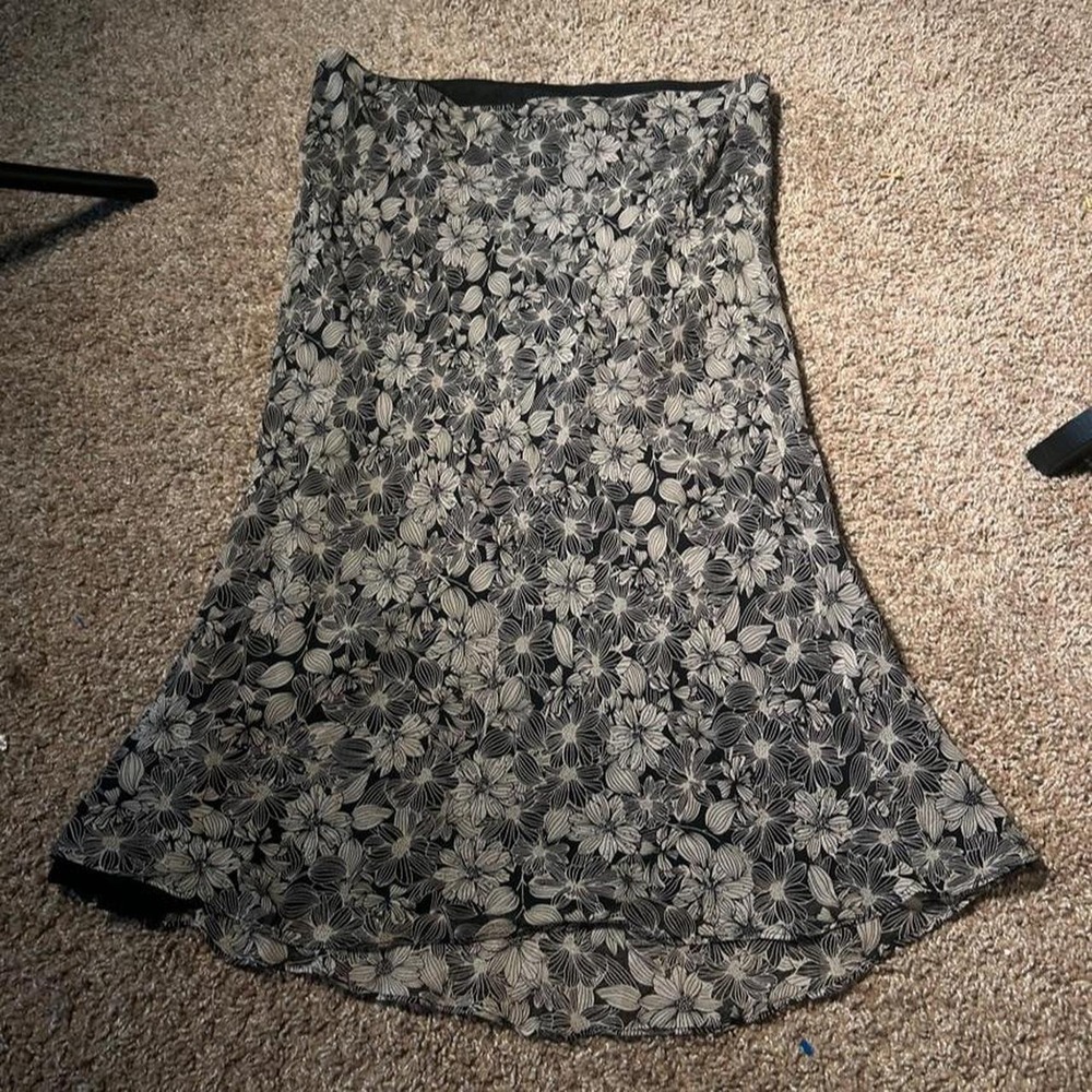 Vintage Y2K ICE Black White Beaded Fairy Floral Flare Midi Skirt Large Medium